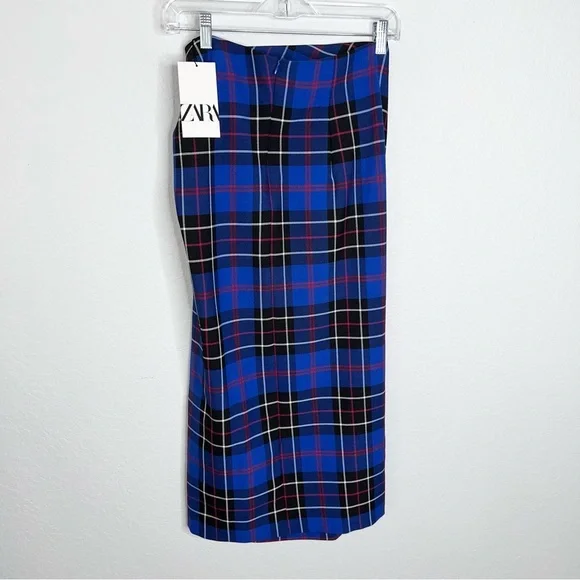 Zara Skirt Midi Women Medium Tartan Plaid Check Side Slit Ruched Blue Pencil Q - Picture 5 of 11